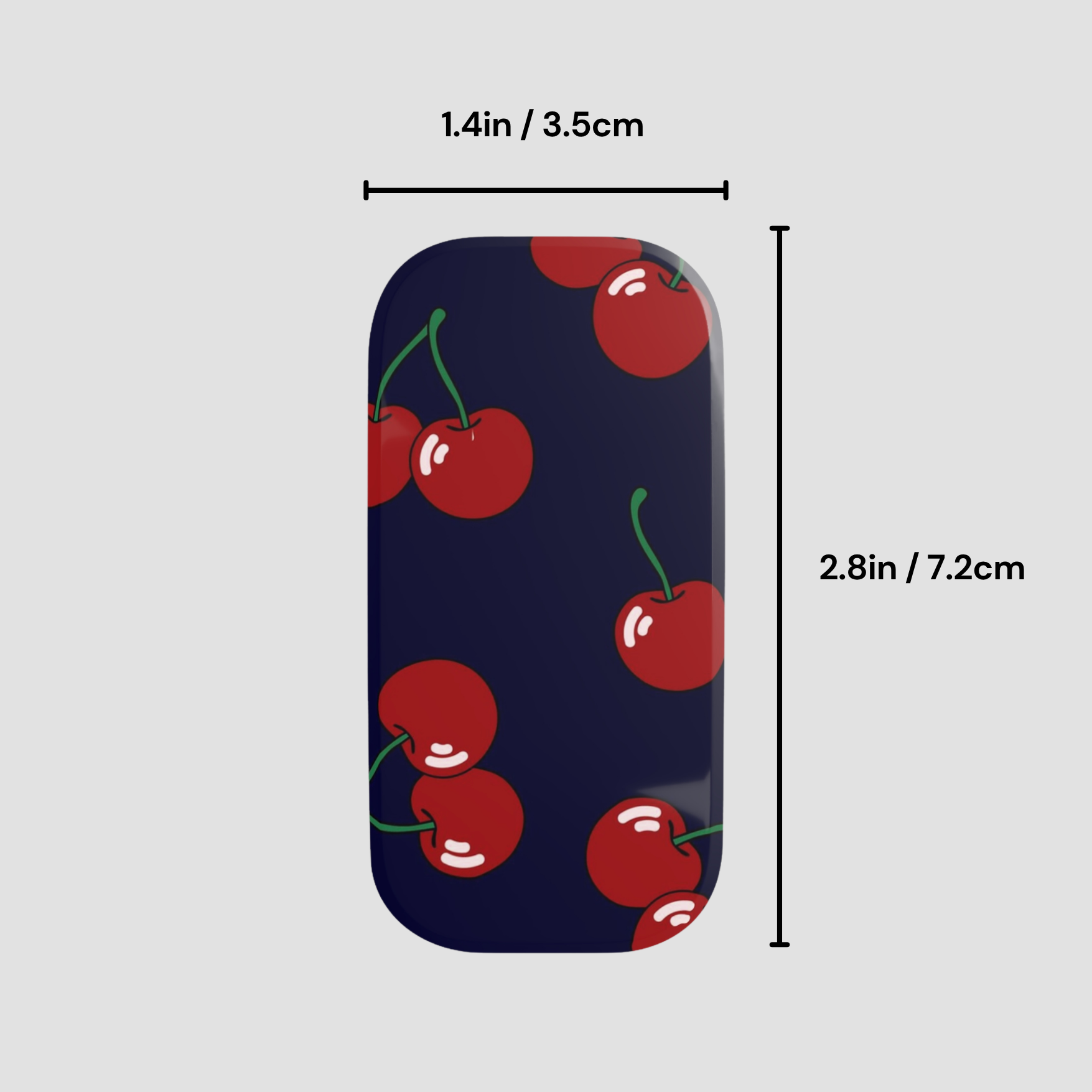 Phone case with cherry pattern and measurements on a gray background