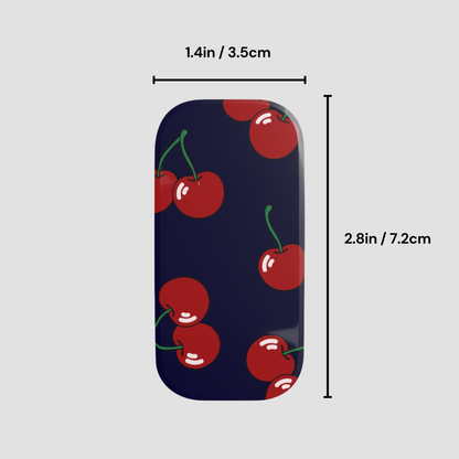 Phone case with cherry pattern and measurements on a gray background