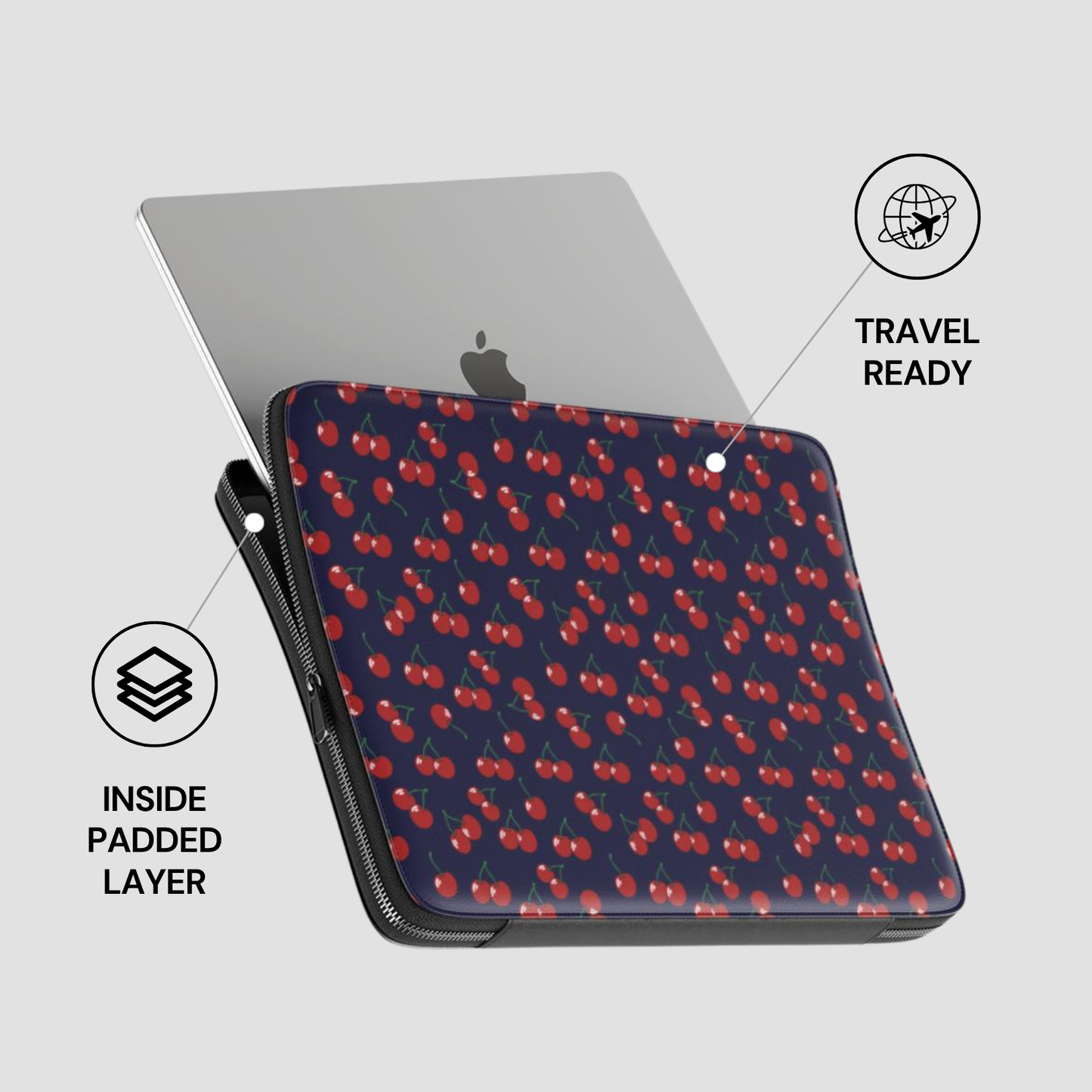 Laptop case with cherry pattern on a gray background