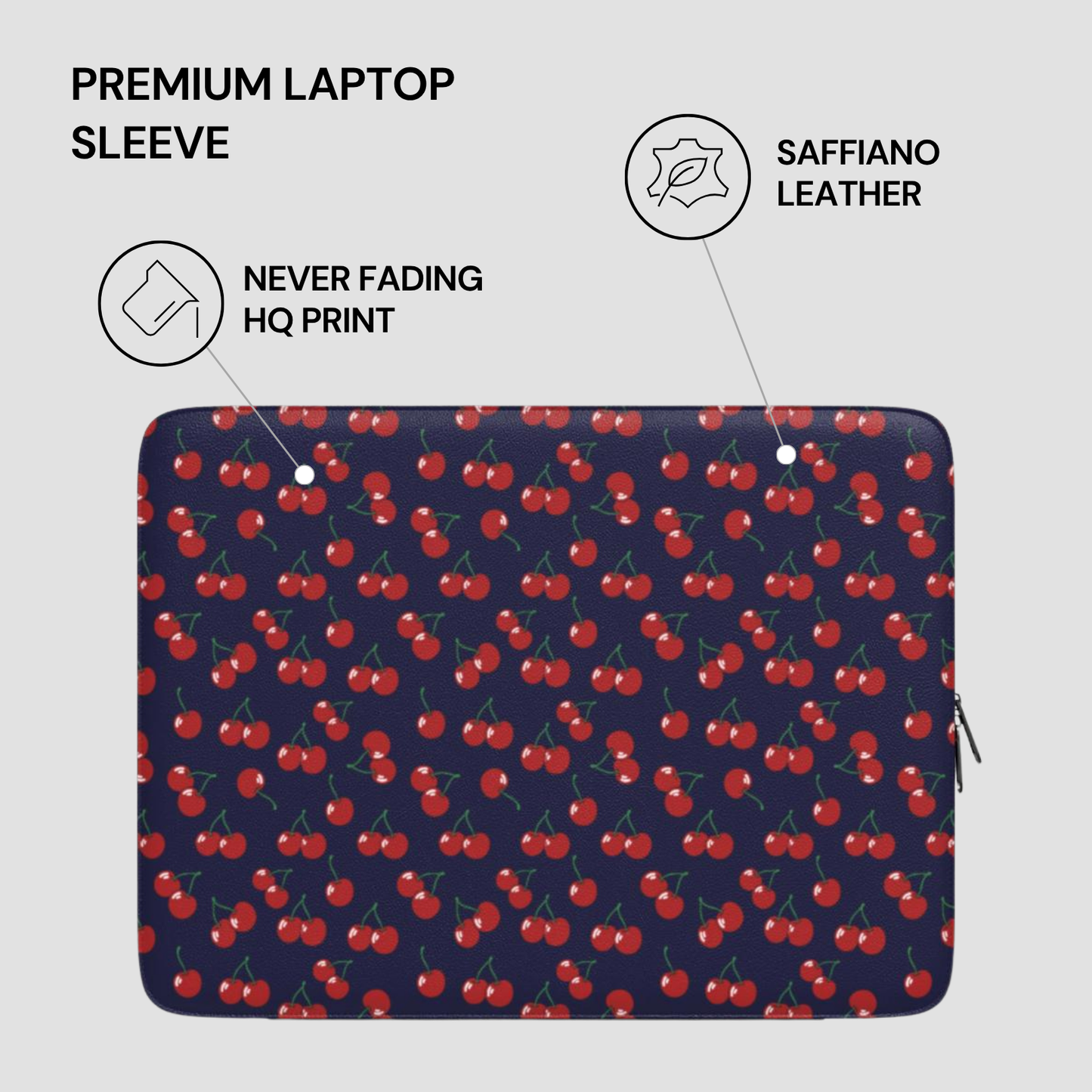 Laptop sleeve with cherry pattern on a blue background