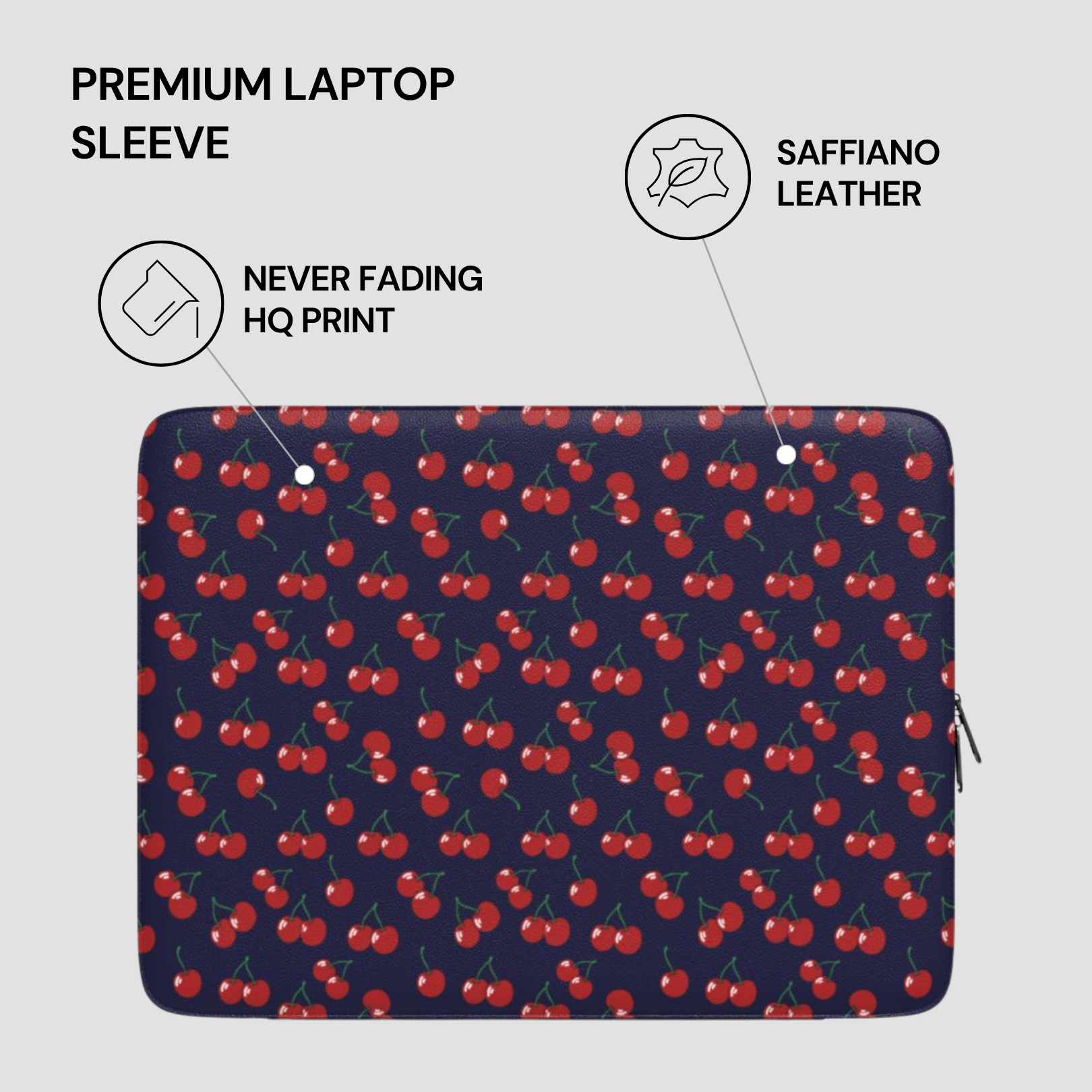 Laptop sleeve with cherry pattern on a blue background