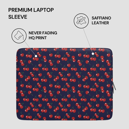 Laptop sleeve with cherry pattern on a blue background