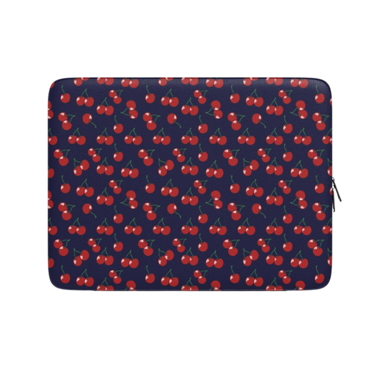 Laptop sleeve with cherry pattern on a navy background