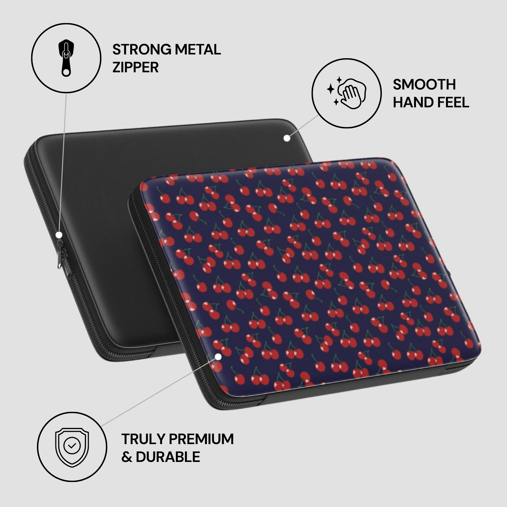 Black zippered case with red cherry pattern on a gray background, featuring text about features.
