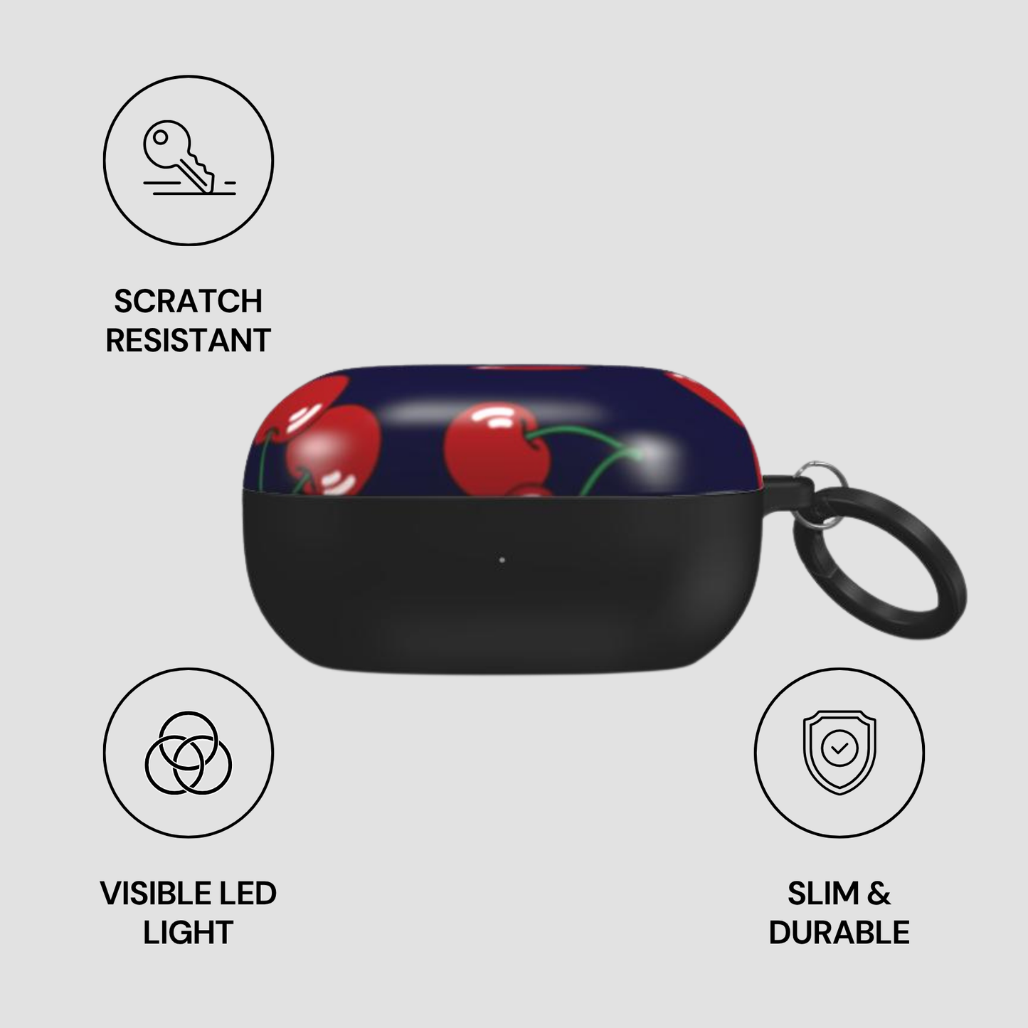 Black case with cherry design on a gray background, featuring scratch-resistant, visible LED light, slim, and durable attributes.