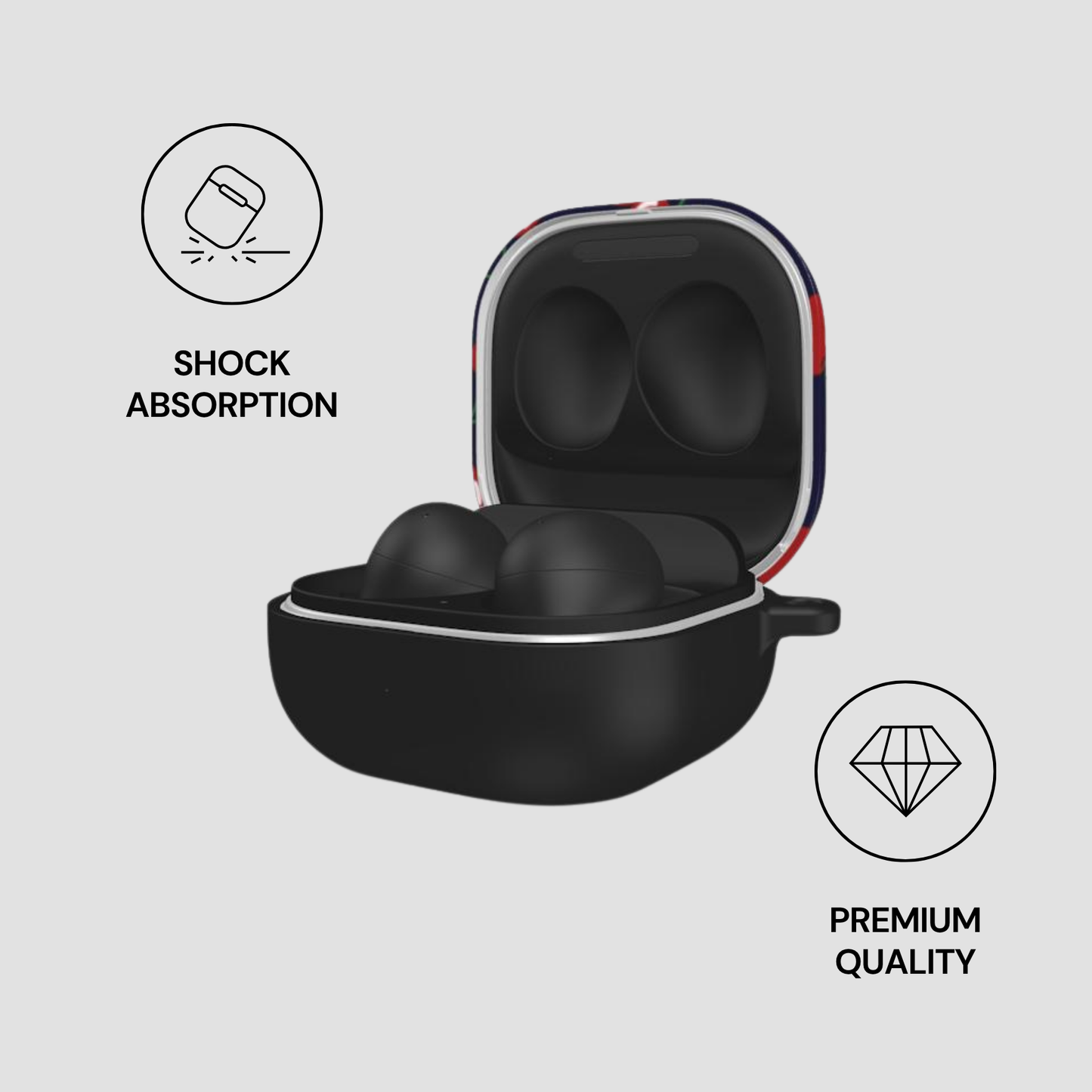 Black earbud case with colorful pattern on a white background, featuring icons for shock absorption and premium quality.