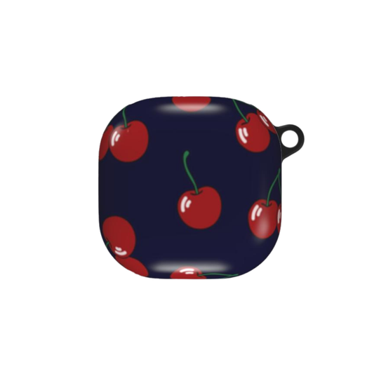Navy blue case with red cherry pattern on a white background