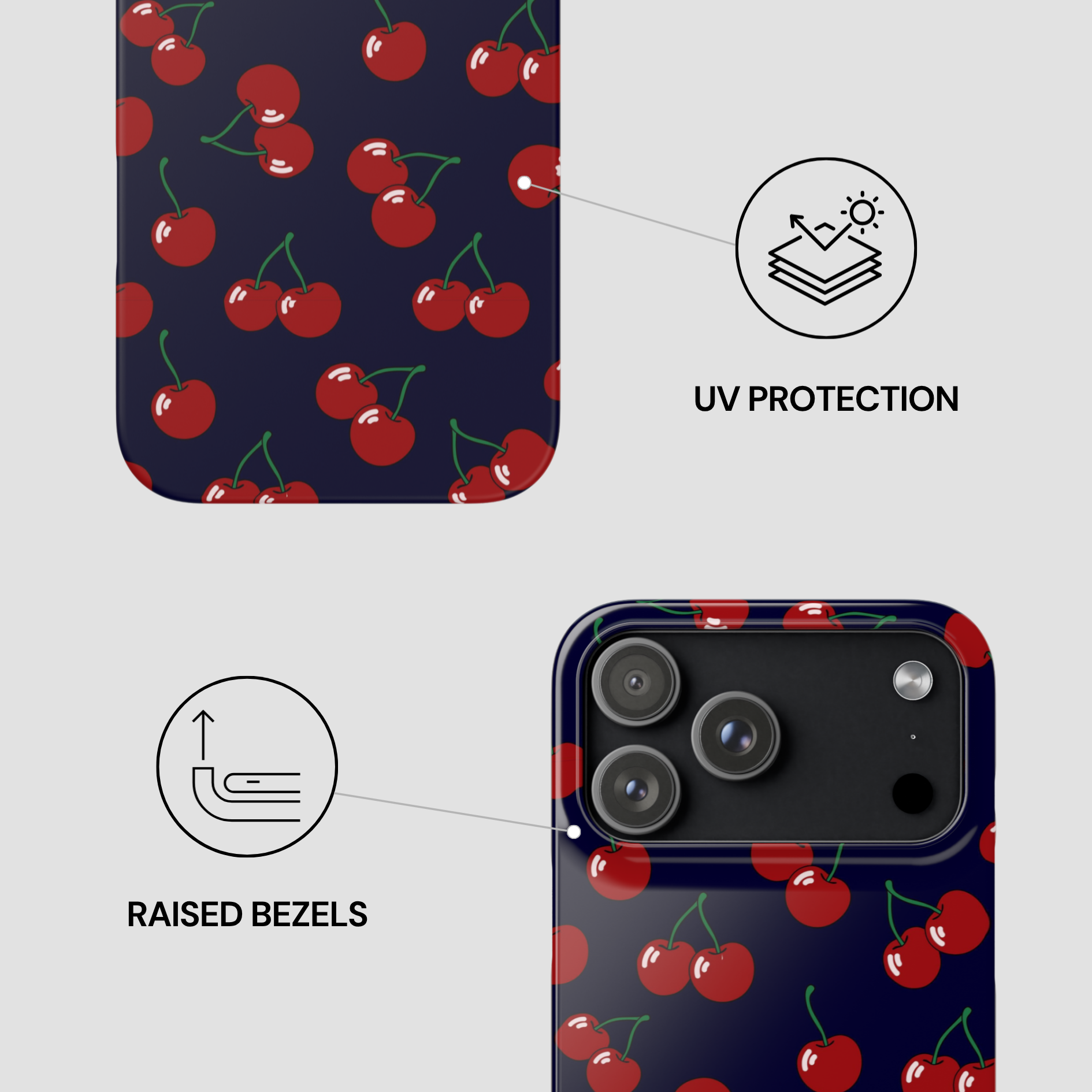 Phone case with cherry pattern and UV protection and raised bezels features on a white background