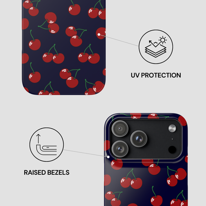 Phone case with cherry pattern and UV protection and raised bezels features on a white background