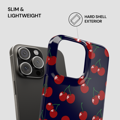 Phone case with cherry pattern on a gray background