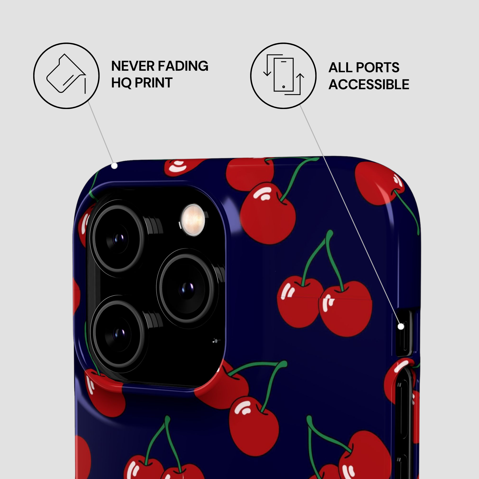 Phone case with cherry pattern on a blue background, featuring text about print quality and port accessibility.