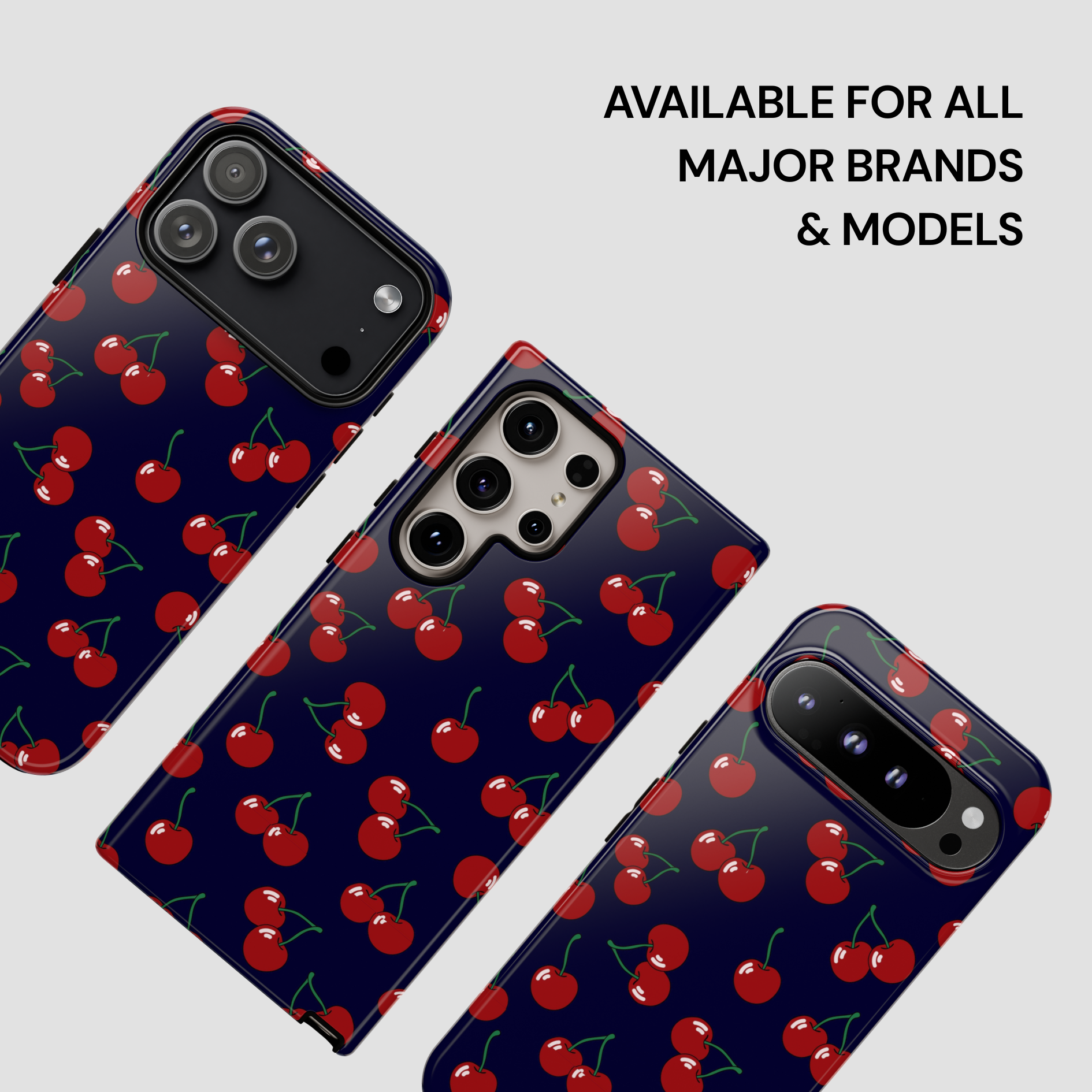Phone cases with cherry pattern on a gray background