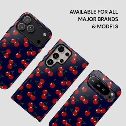 Phone cases with cherry pattern on a gray background