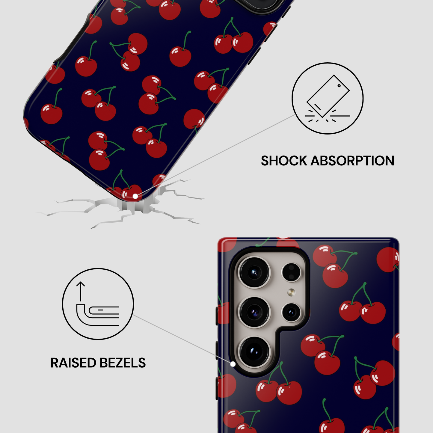Phone case with cherry pattern and features highlighted on a white background