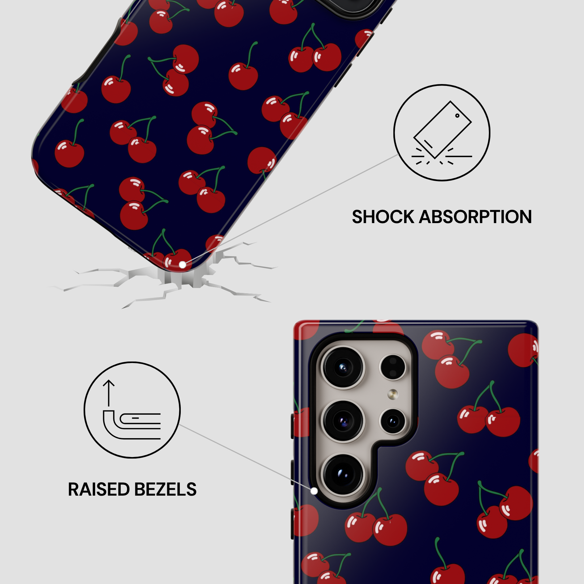 Phone case with cherry pattern and features highlighted on a white background