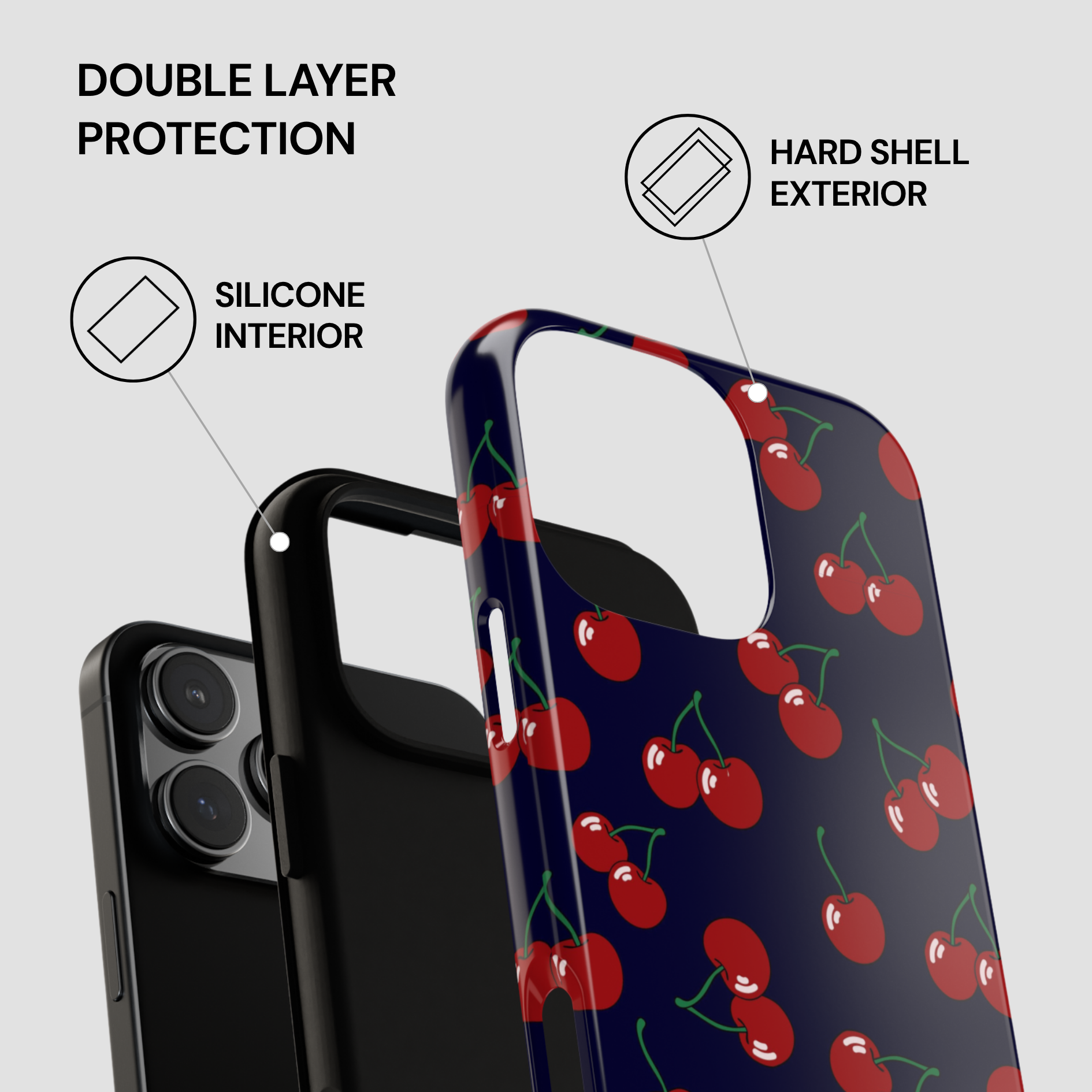 Phone case with cherry pattern and text highlighting double layer protection on a gray background