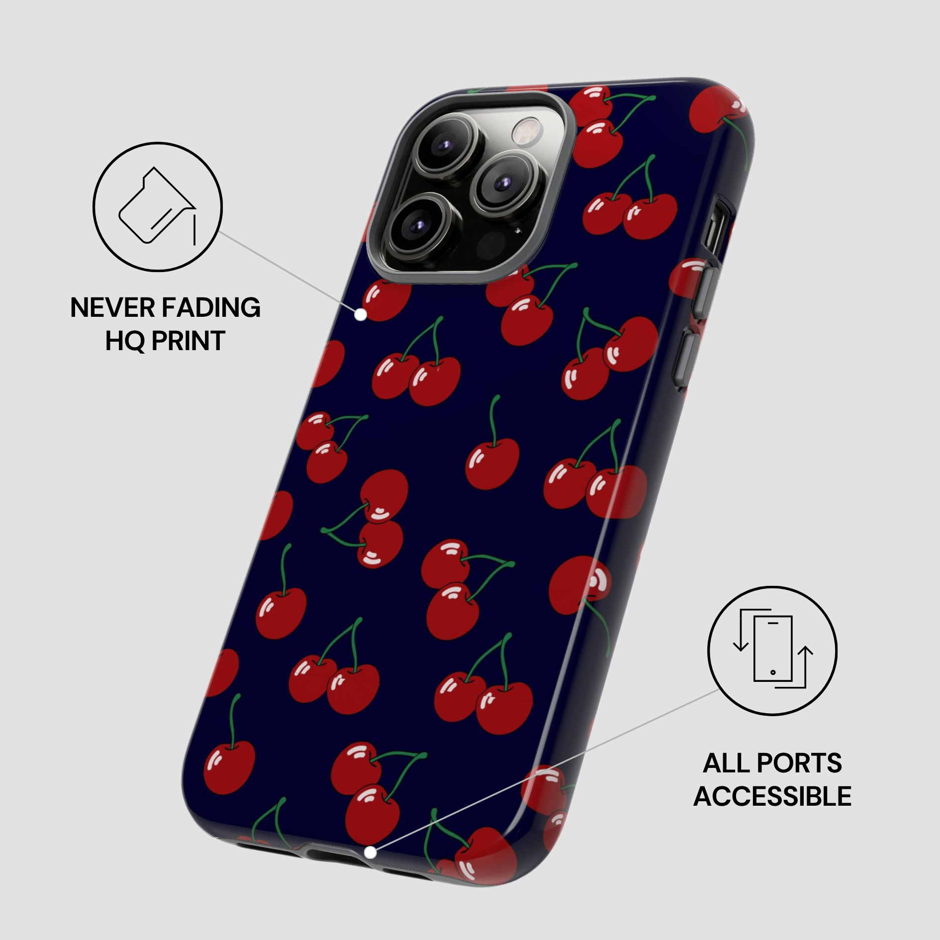 Phone case with cherry pattern on a dark blue background