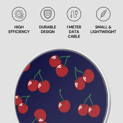 Product with cherry pattern and feature icons on a gray background