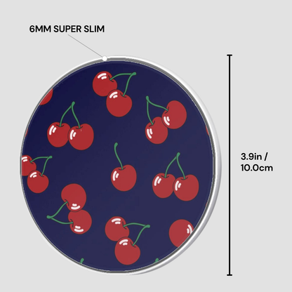 Circular product with cherry pattern and dimensions on a gray background