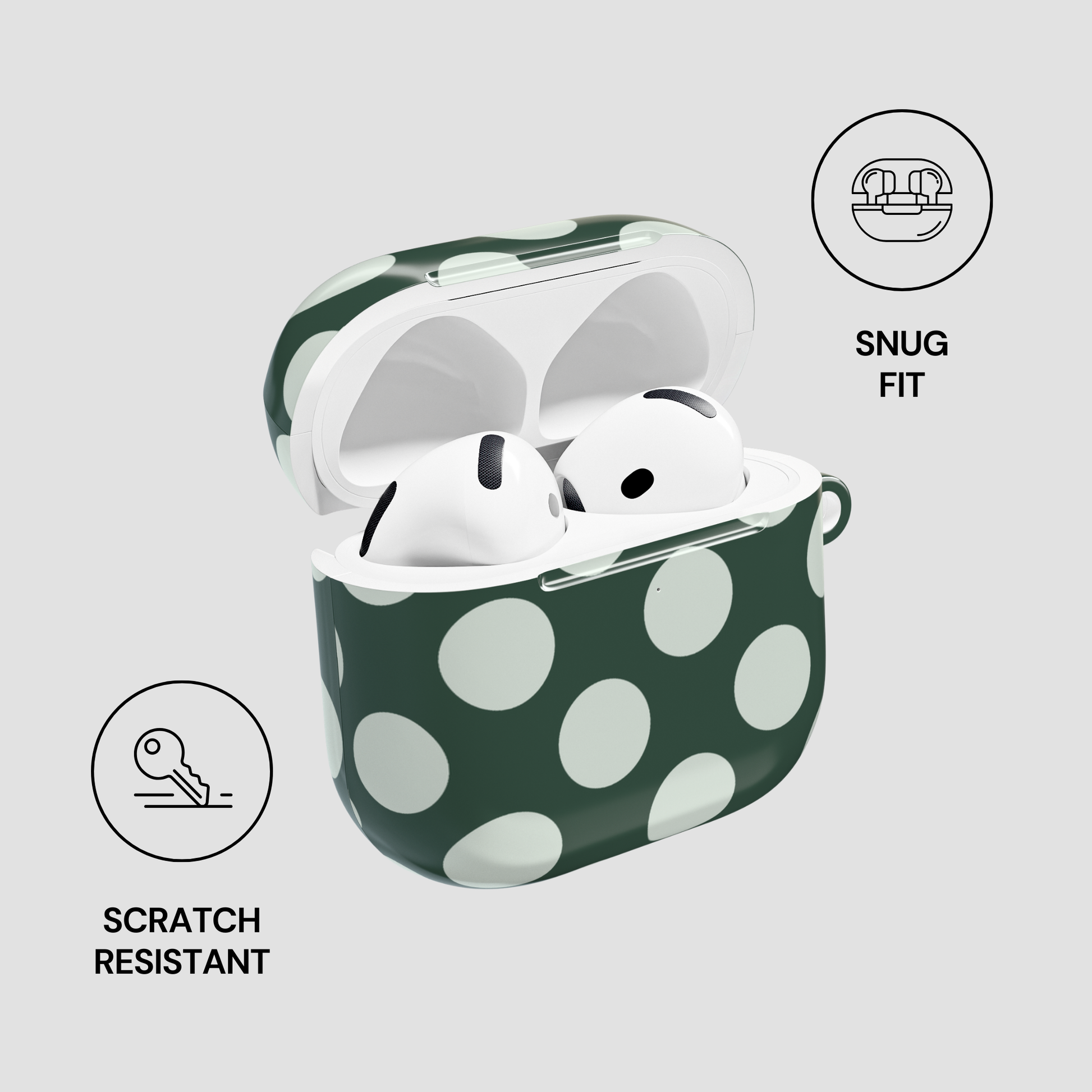Green polka dot case with wireless earbuds, 'Snug Fit' and 'Scratch Resistant' icons on a light gray background
