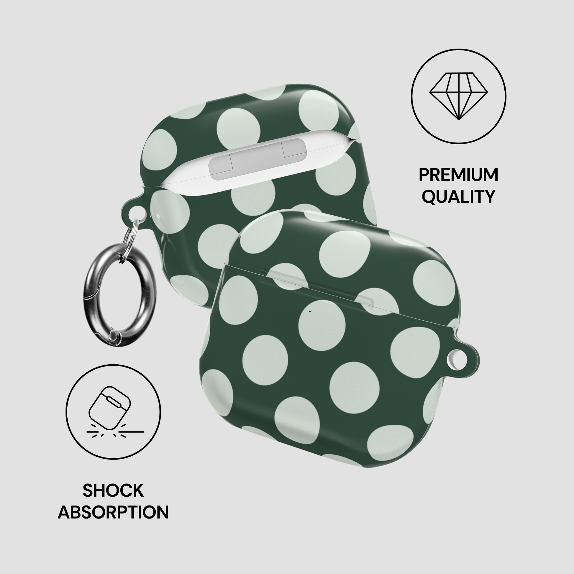 Green polka dot case with keychain and shock absorption features on a light gray background