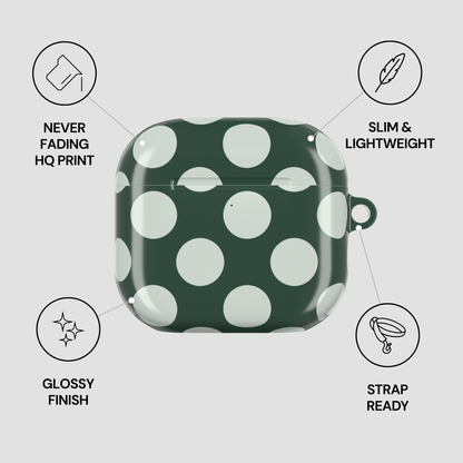 Green case with white polka dots on a gray background with feature icons and text.
