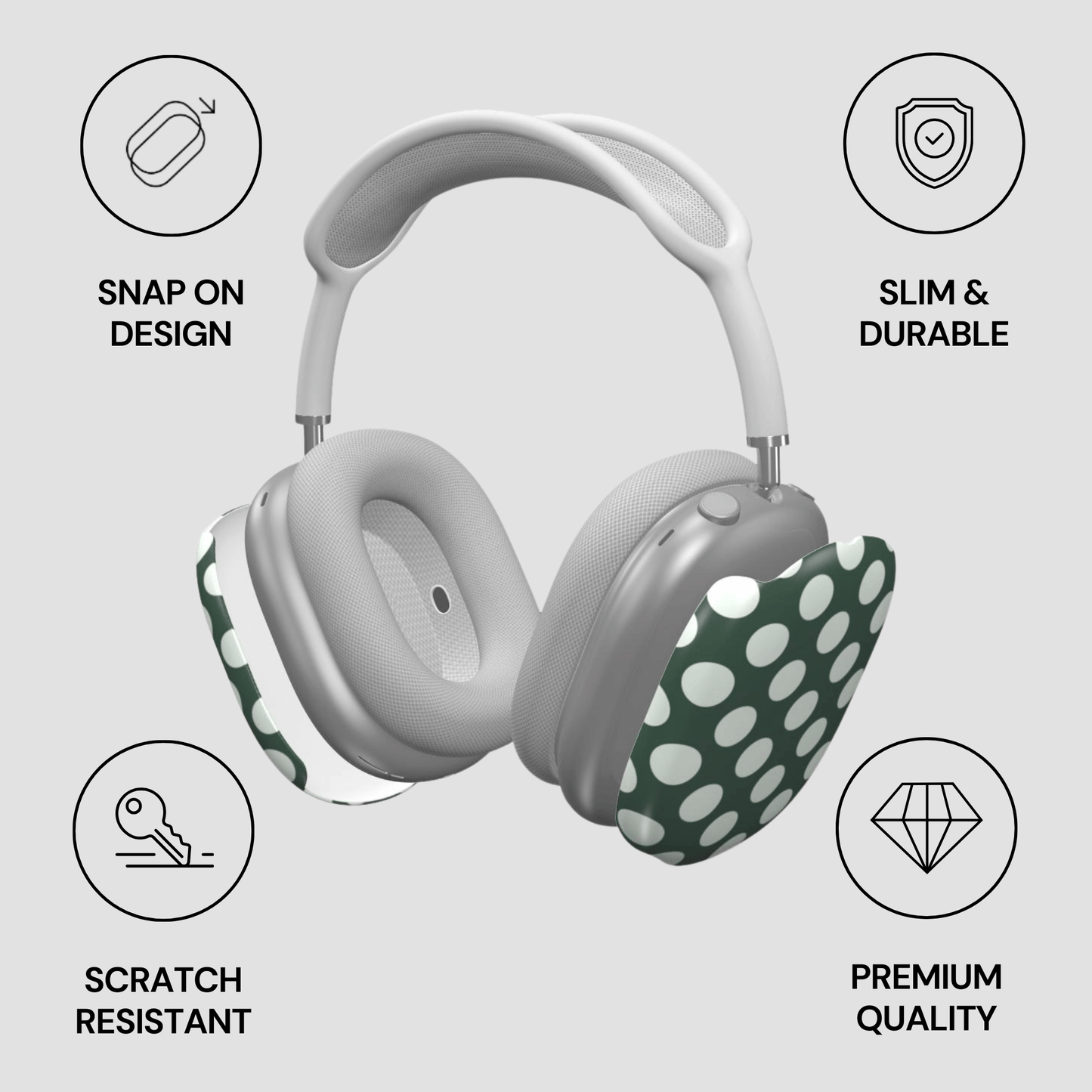 Headphones with a polka dot design on a gray background with feature icons.