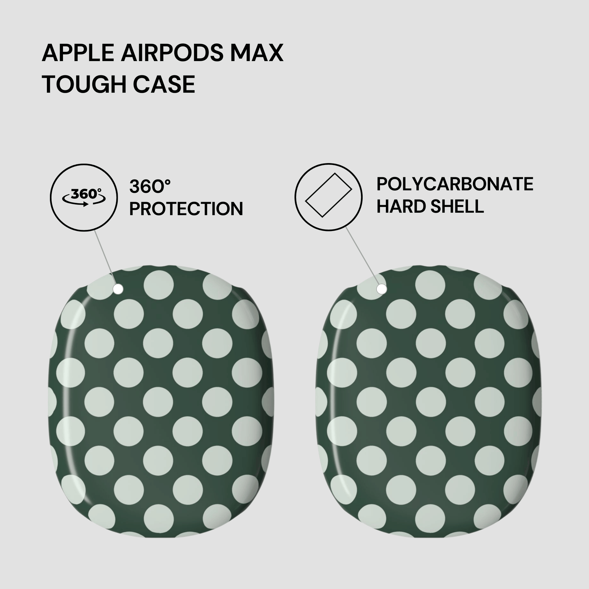Green polka dot tough case for Apple AirPods Max with text highlighting features on a white background.