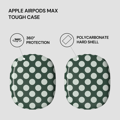 Green polka dot tough case for Apple AirPods Max with text highlighting features on a white background.