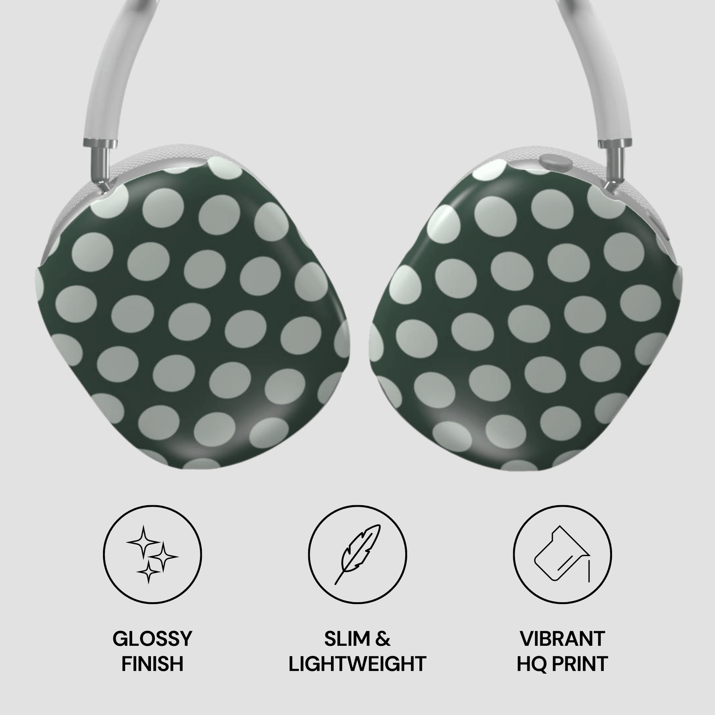 Polka dot headphones with glossy finish, slim design, and vibrant HQ print on a light gray background.