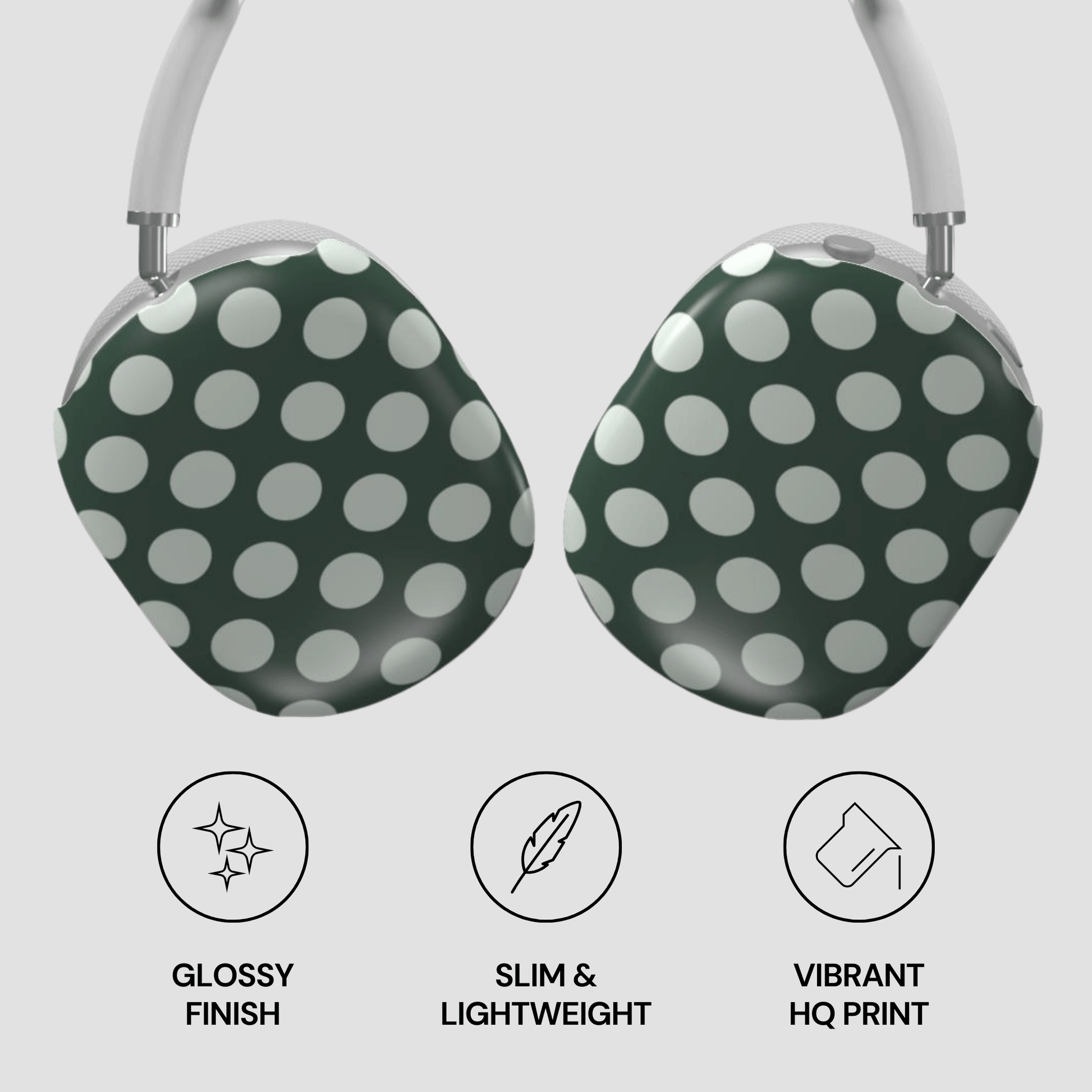 Polka dot headphones with glossy finish, slim design, and vibrant HQ print on a light gray background.