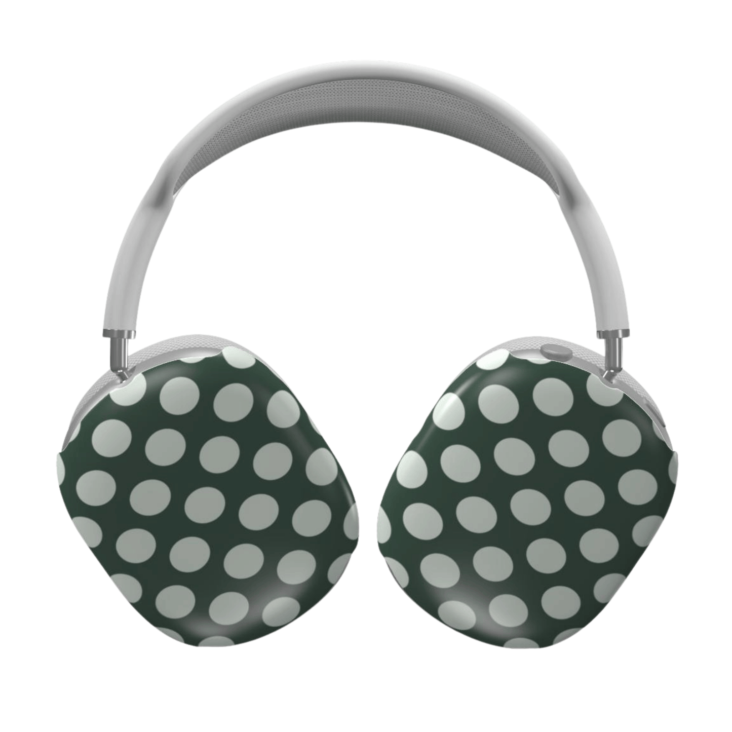 Green and white polka dot headphones on a white background