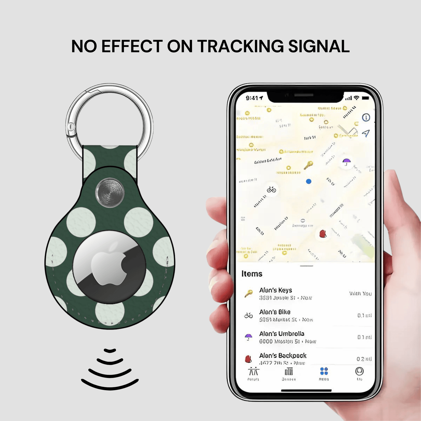 Smart keychain with Apple logo and phone displaying location app on a light gray background