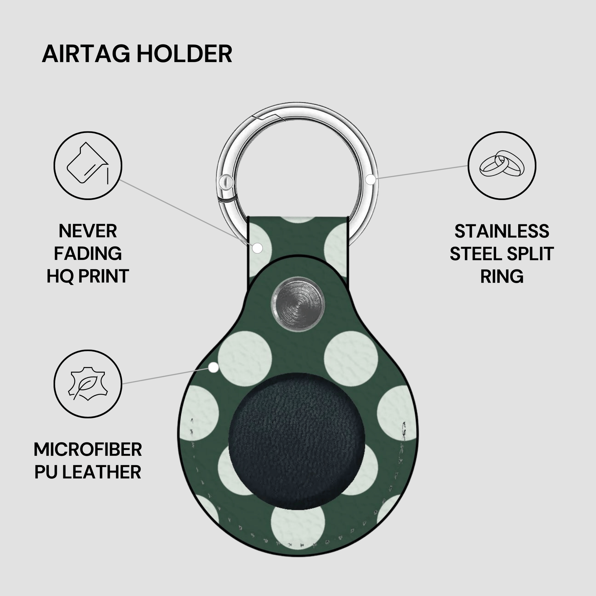 Airtag holder with green and white polka dot design on a gray background