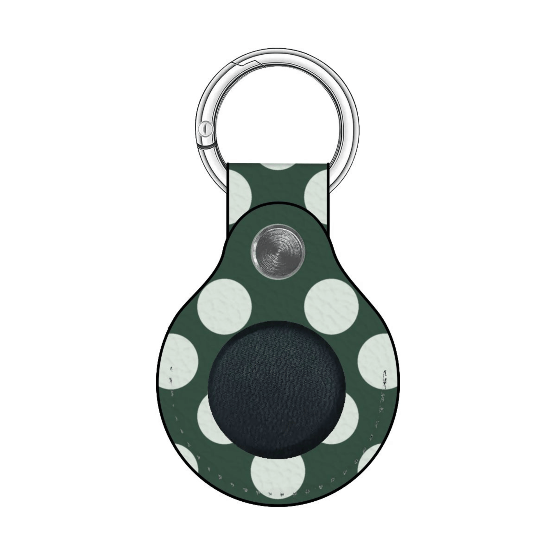 Green polka dot keychain case with a black circle on a white background