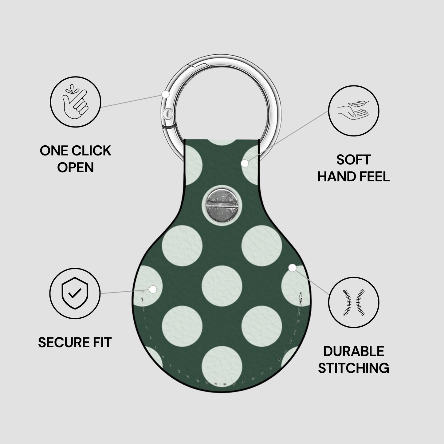 Green polka dot keychain with features listed on a gray background