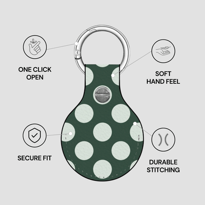 Green polka dot keychain with features listed on a gray background