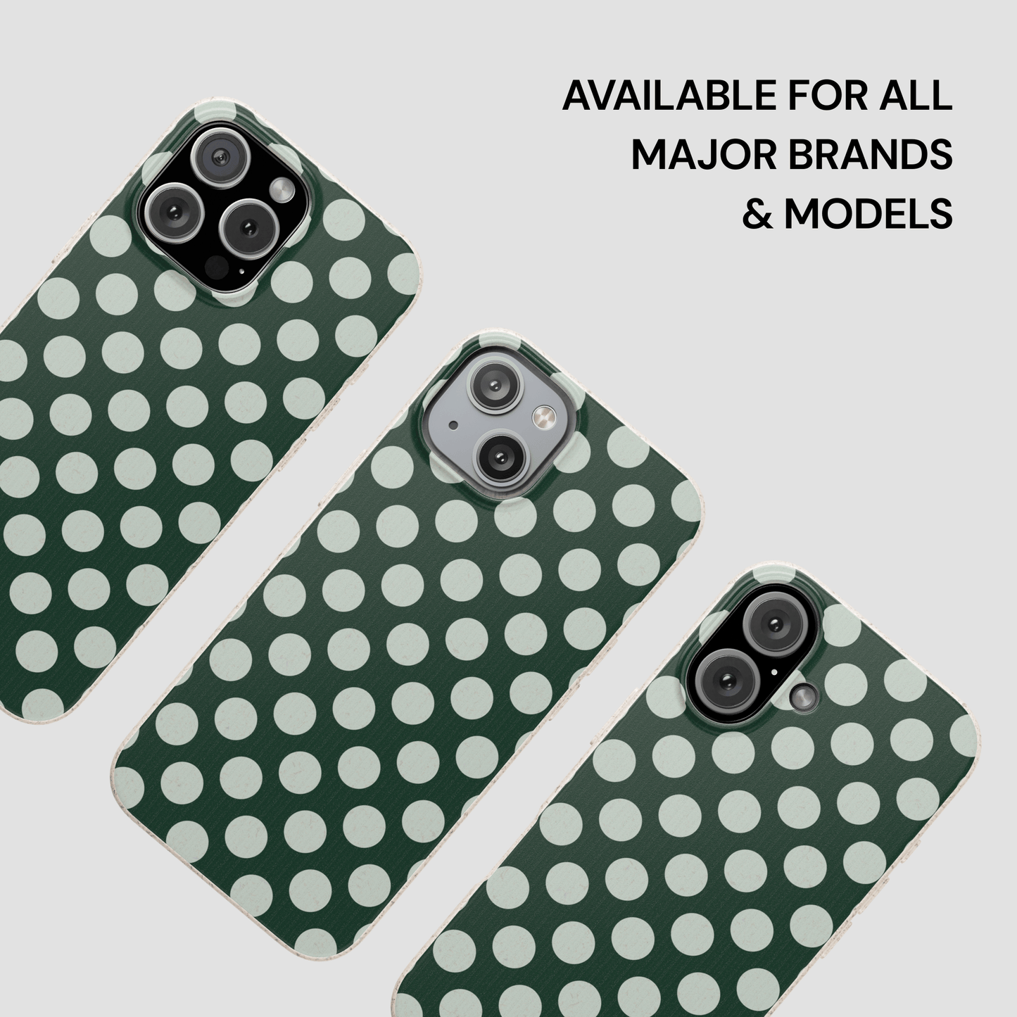 Green polka dot phone cases on a light gray background with text 'Available for all major brands & models'.