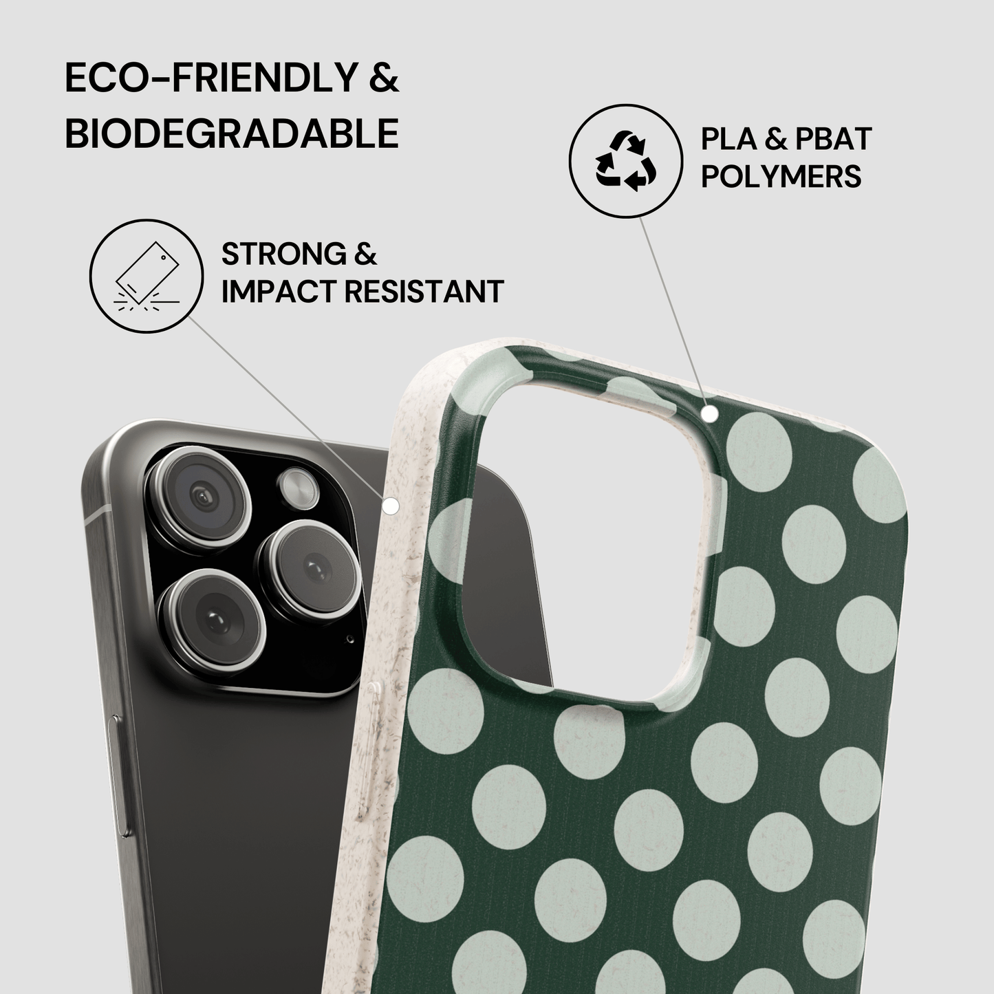 Green polka dot phone case with eco-friendly and biodegradable features on a gray background