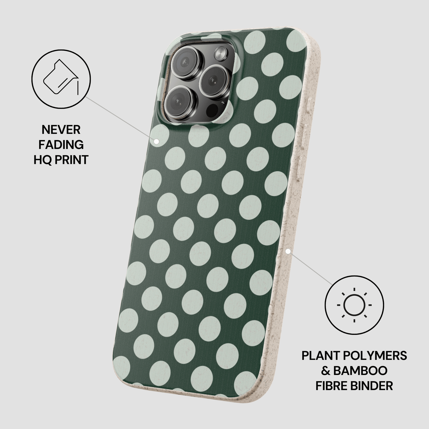 Green phone case with white polka dots on a light gray background