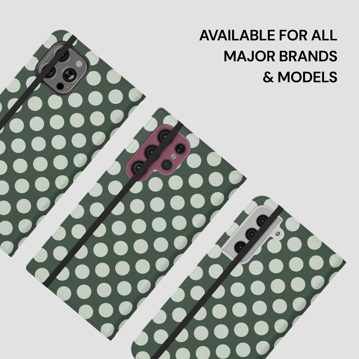 Green polka dot phone case with text 'Available for all major brands & models' on a light gray background