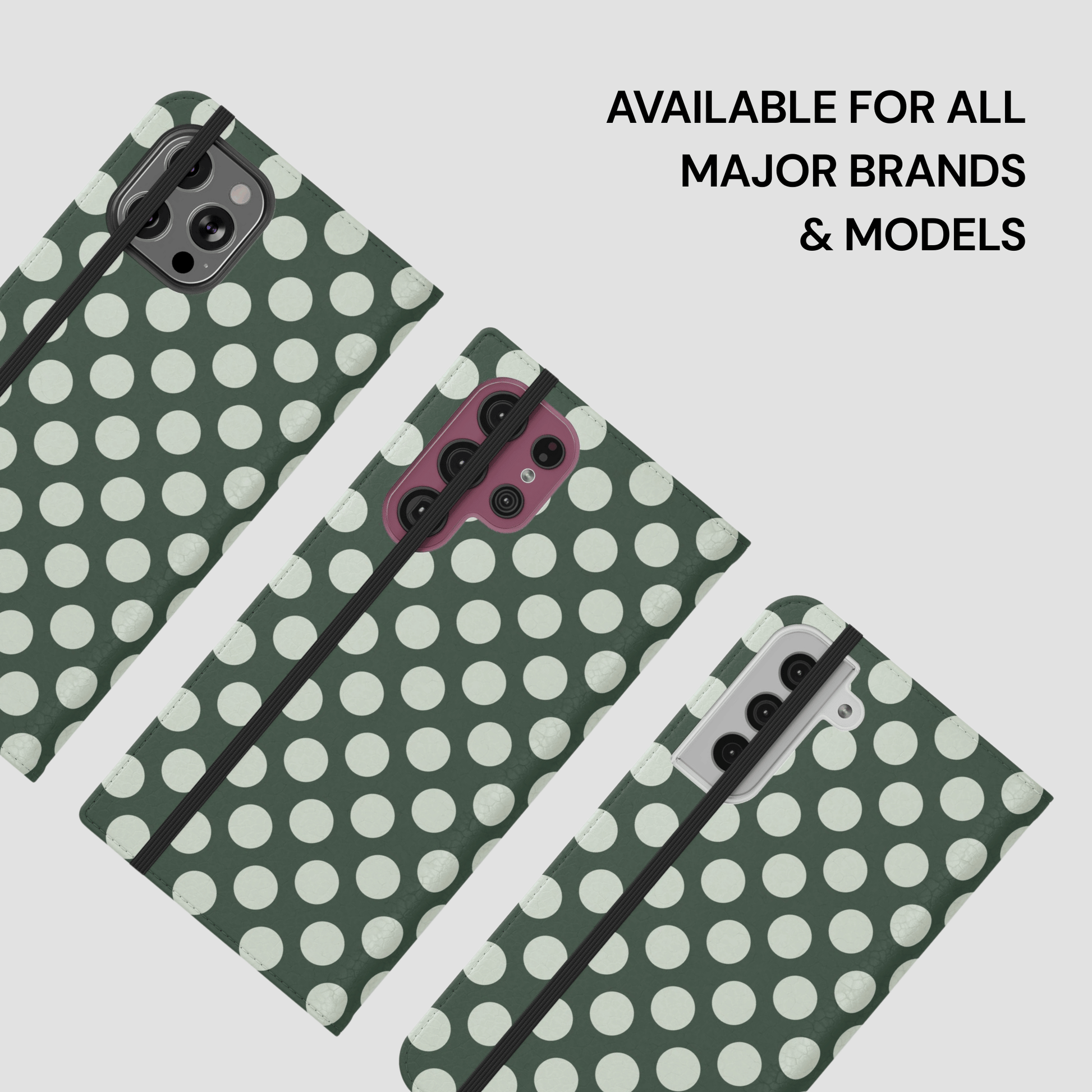 Green polka dot phone case with text 'Available for all major brands & models' on a light gray background