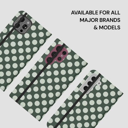 Green polka dot phone case with text 'Available for all major brands & models' on a light gray background