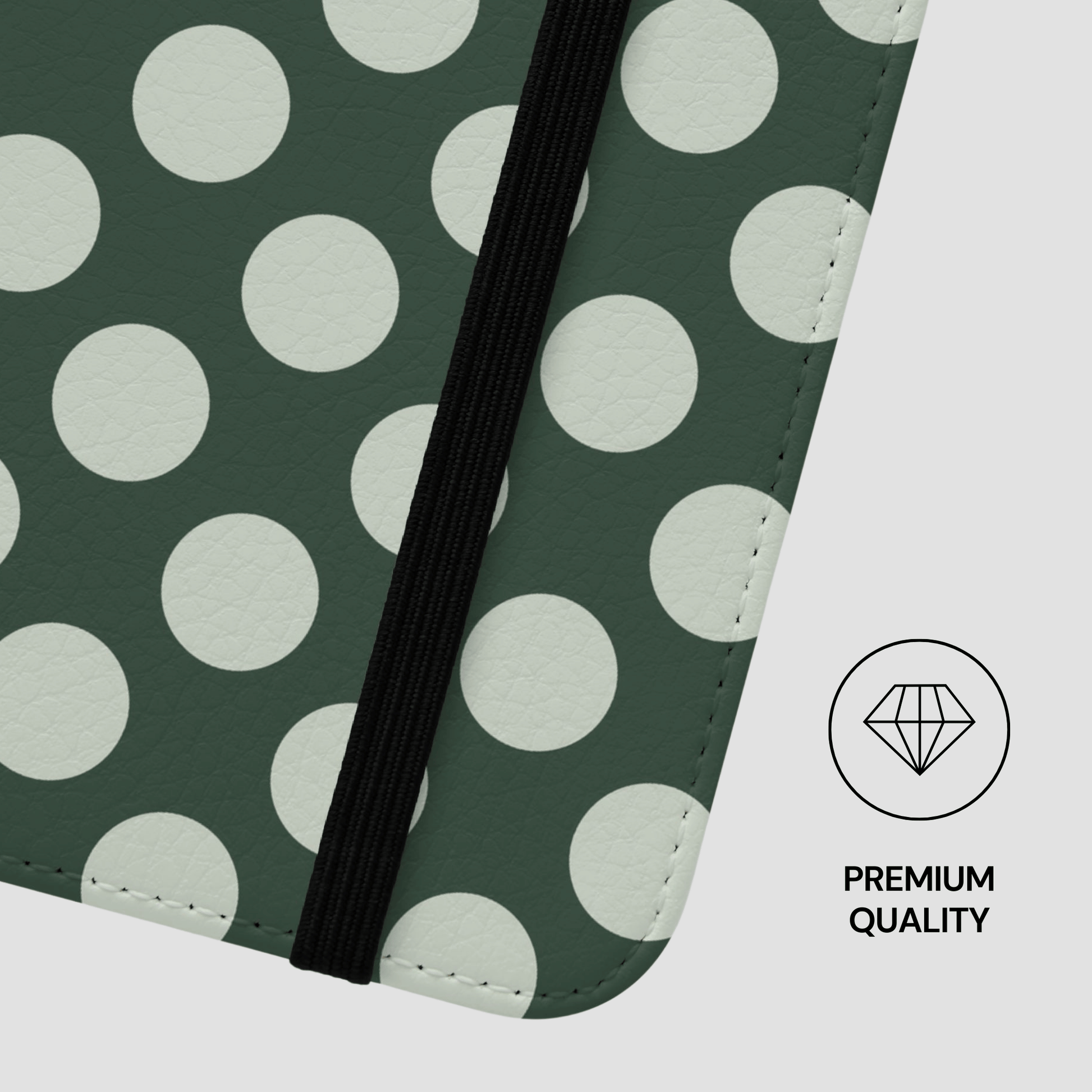 Polka dot patterned product with a 'Premium Quality' label on a green background