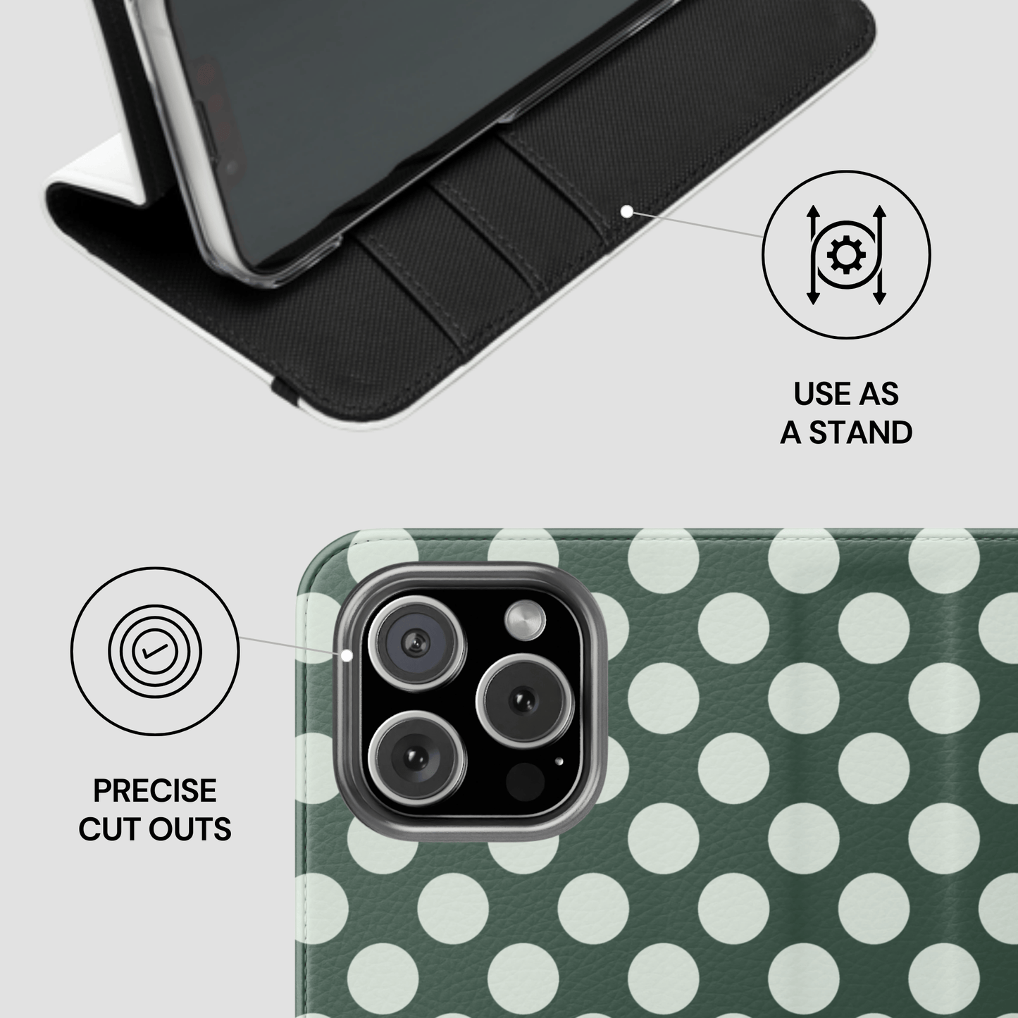 Phone case with polka dot design and features highlighted on a light gray background