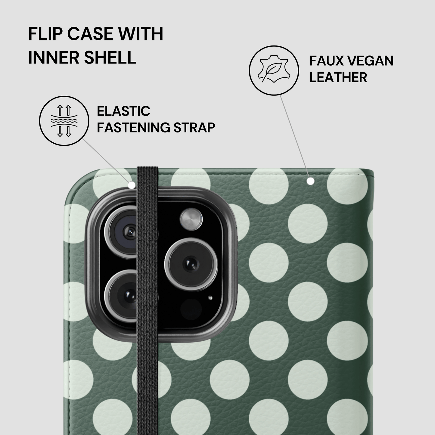 Phone case with green and white polka dot pattern, featuring text and icons indicating features like faux vegan leather and elastic fastening strap.