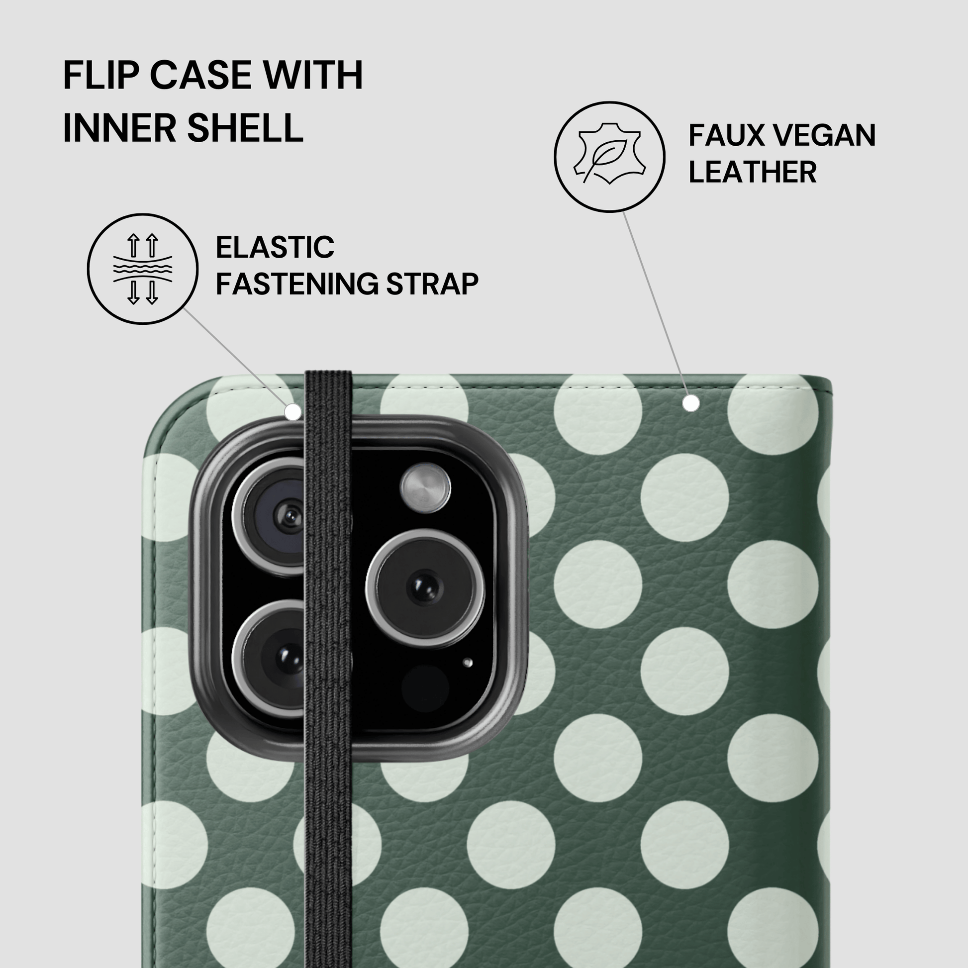 Phone case with green and white polka dot pattern, featuring text and icons indicating features like faux vegan leather and elastic fastening strap.