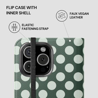 Phone case with green and white polka dot pattern, featuring text and icons indicating features like faux vegan leather and elastic fastening strap.