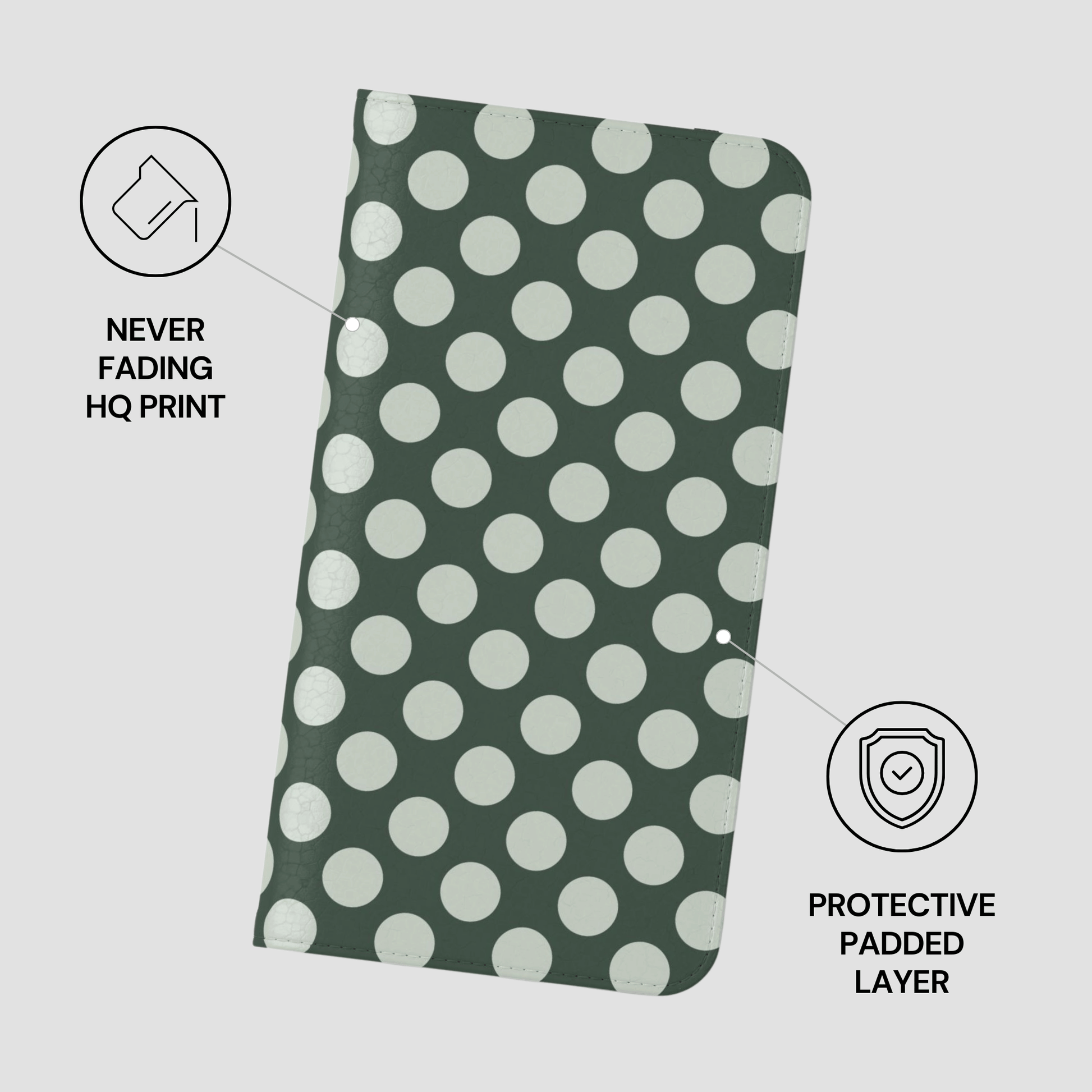Green fabric with white polka dots on a light gray background