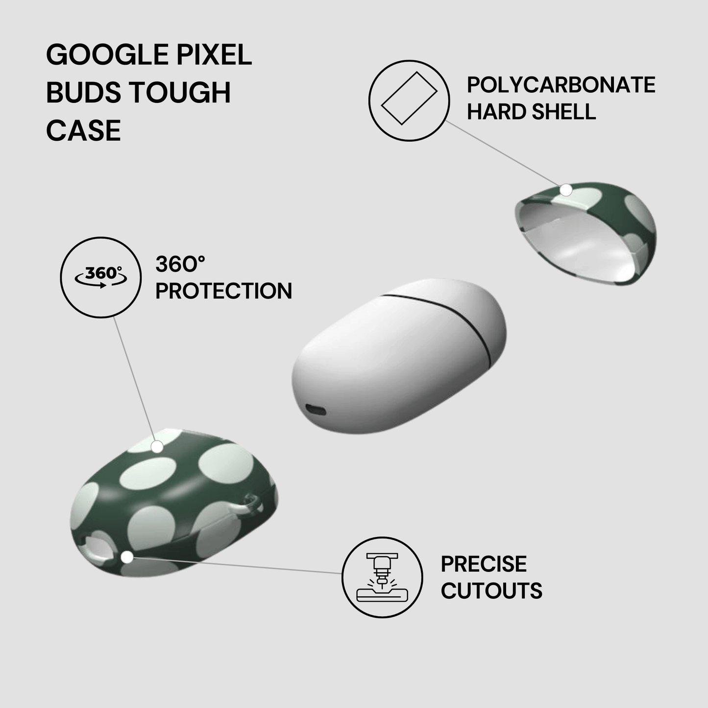 Google Pixel Buds Tough Case with features highlighted on a gray background